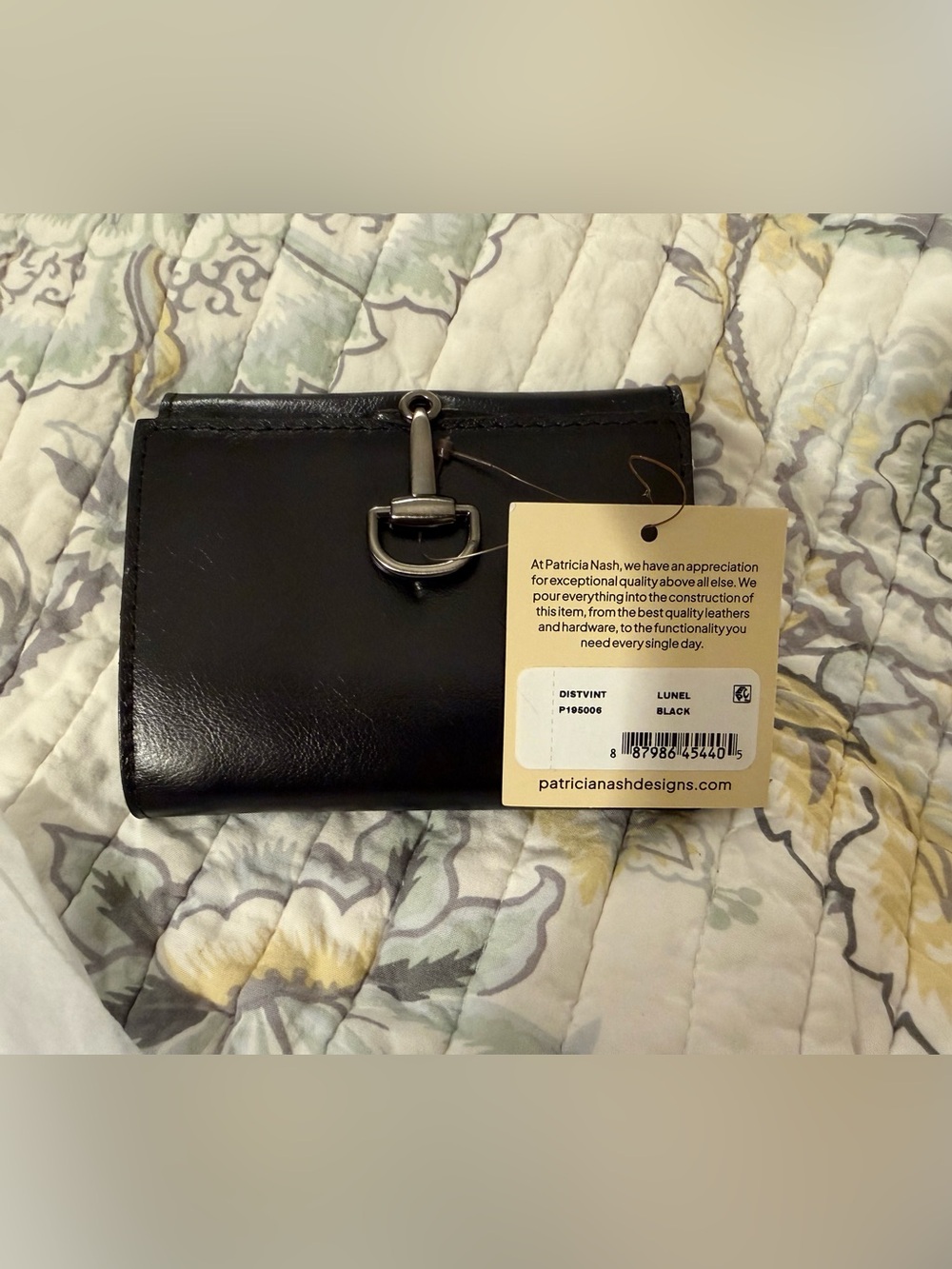 New Patricia Nash Black Leather bifold Wallet with Silver Buckle Accent